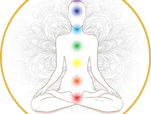 Pessoa meditando com aura colorida representando os chakras energéticos