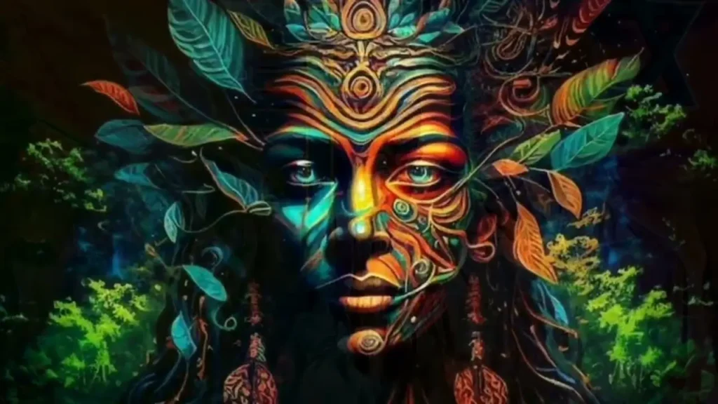 Mulher xamânica em meio à natureza, representando a conexão espiritual com os elementos e o mapa xamânico pessoal